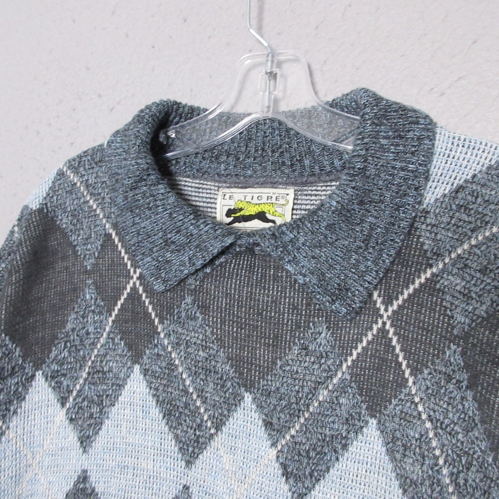 Vintage Le Tigre Sweater Men Medium Blue Gray Argyle Collared Preppy 90s Y2K USA